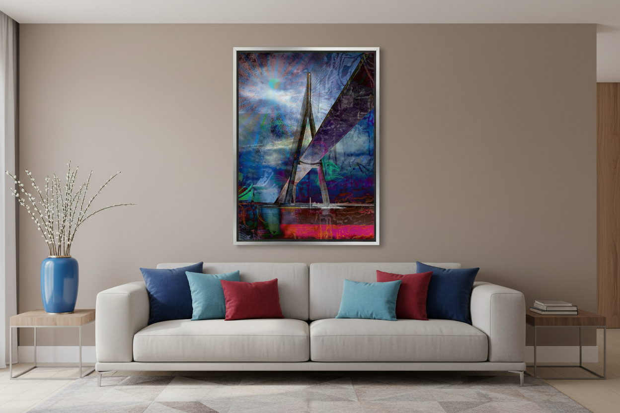 Bridge artwork with blue vase and pussy willows